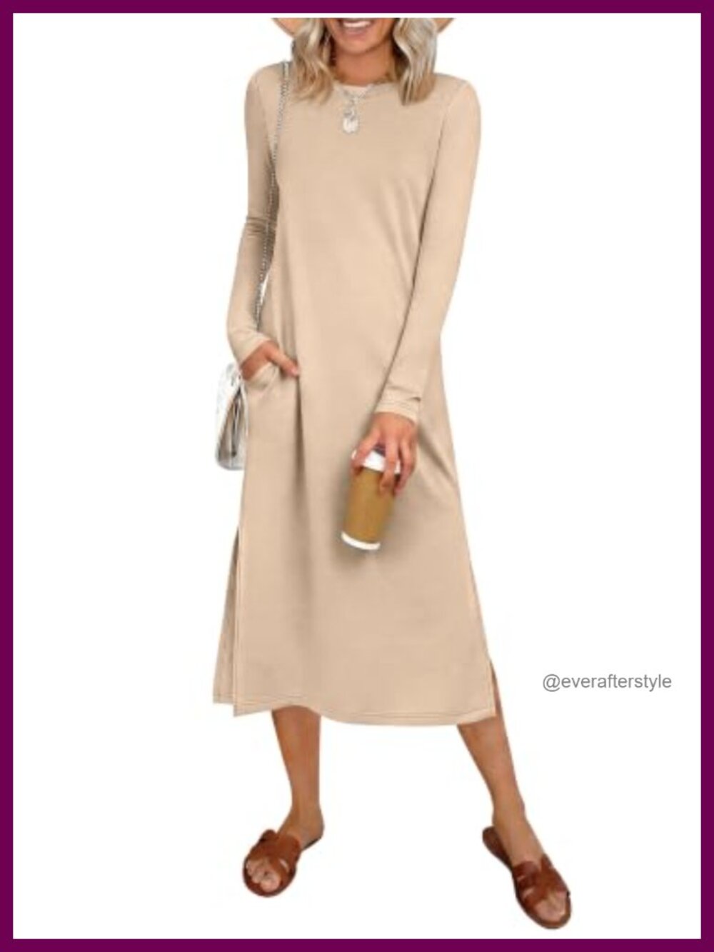 Wrinkle Free Long Sleeve Midi Dress with Pockets